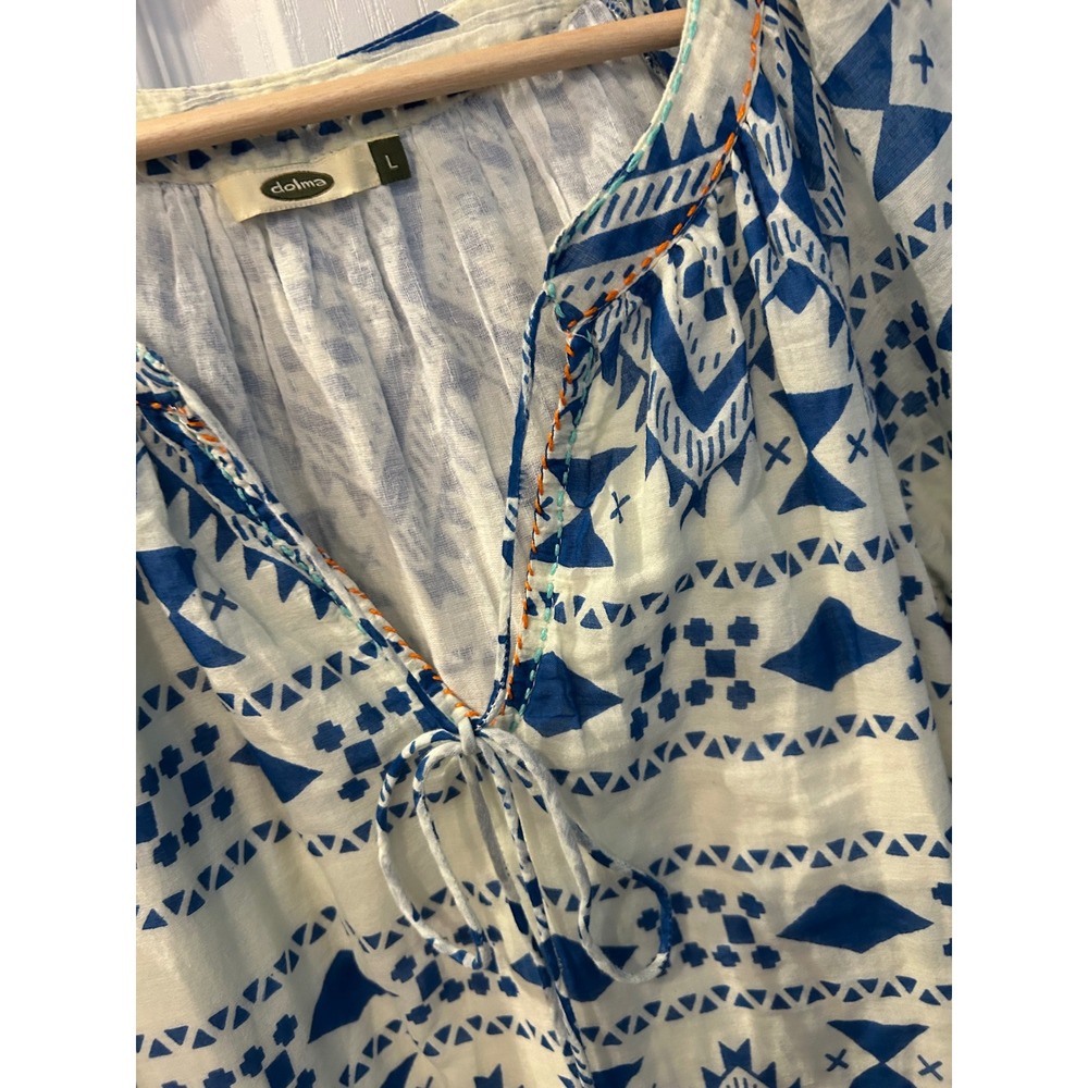 Dolma Womens Blue White Geometric Tribal Print Tassel Tie Boho Tunic Dress Large - Picture 4 of 7